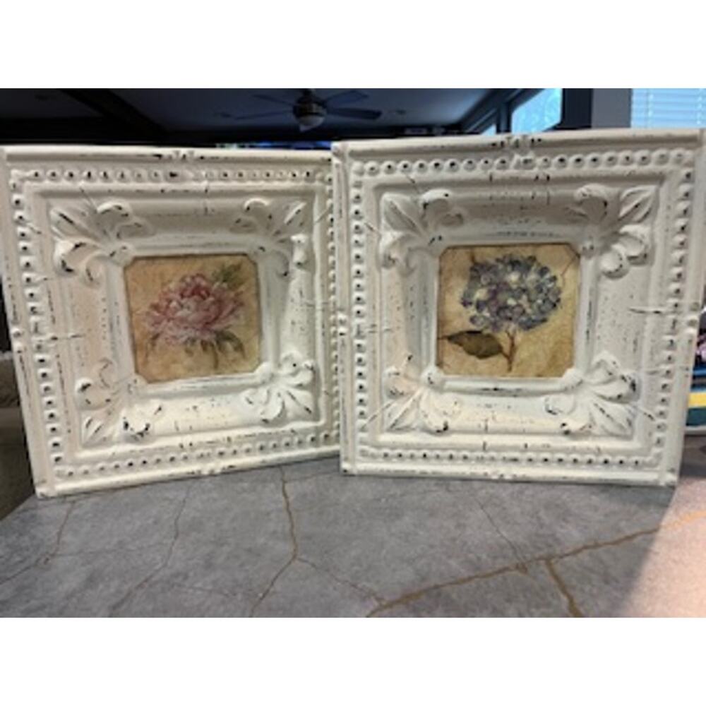 NWT-Wall Art from Pier1-Rustic Pink Peony& Purple Hydrangea-White Frame-MSRP $56